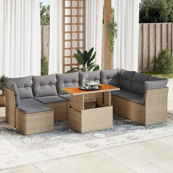 vidaXL 9-delige Loungeset met kussens poly rattan beige
