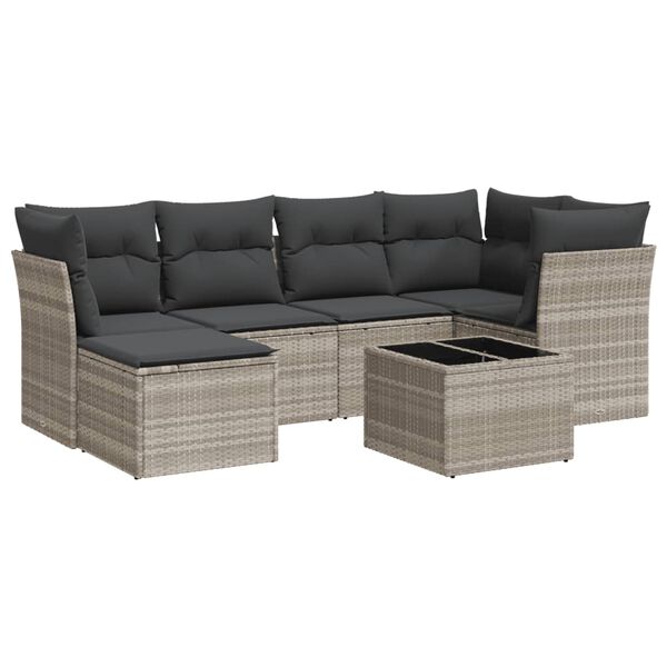 vidaXL 7-delige Loungeset met kussens poly rattan lichtgrijs