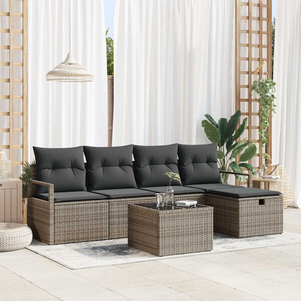 vidaXL Tuin Sofa Set met kussen met opslag 6 pcs Grijs Poly riet