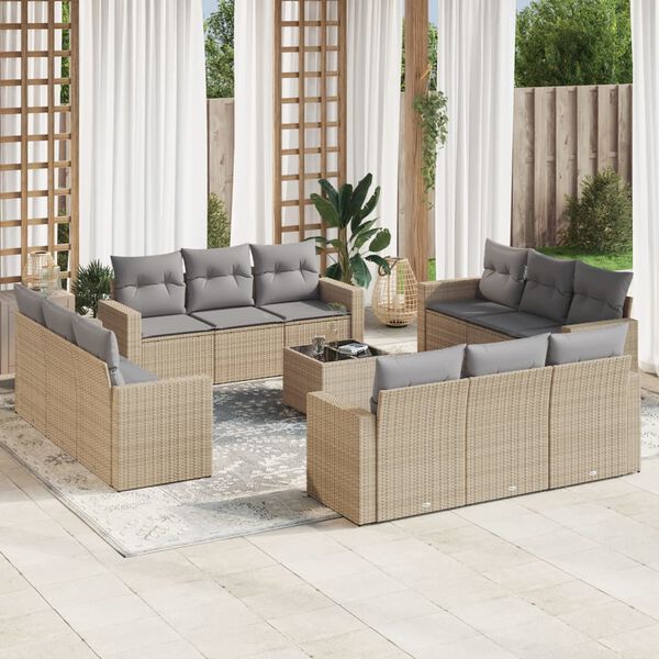 vidaXL 13-delige Loungeset met kussens poly rattan beige