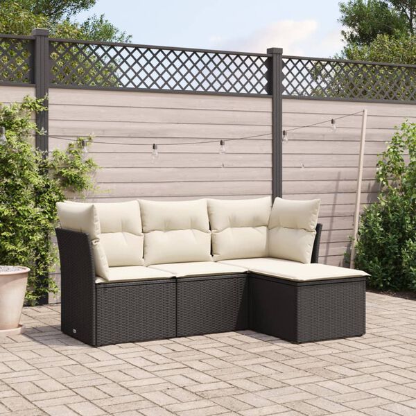 vidaXL 4-delige Loungeset met kussens poly rattan zwart