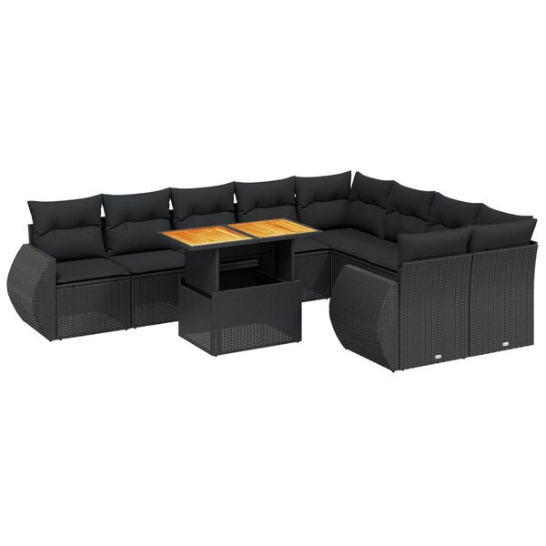vidaXL 10-delige Loungeset met kussens poly rattan zwart