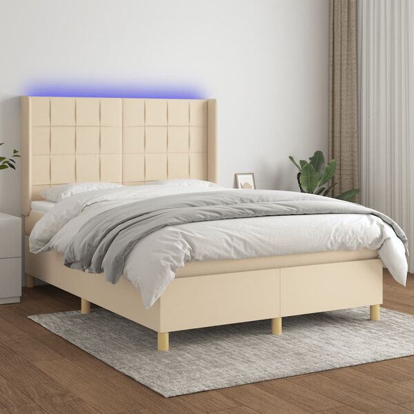 vidaXL Boxspring met matras en LED stof cr&egrave;mekleurig 140x190 cm
