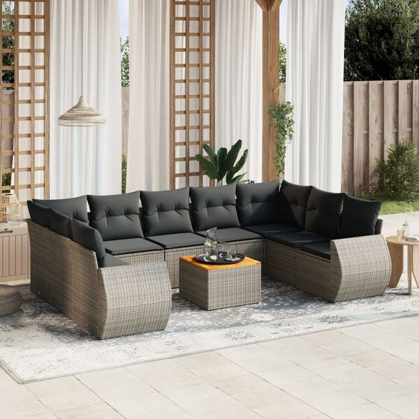 vidaXL 10-delige Loungeset met kussens poly rattan grijs