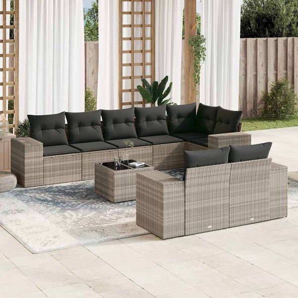 vidaXL 9-delige Loungeset met kussens poly rattan lichtgrijs