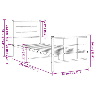 vidaXL Bedframe met hoofd- en voeteneinde metaal zwart 75x190 cm