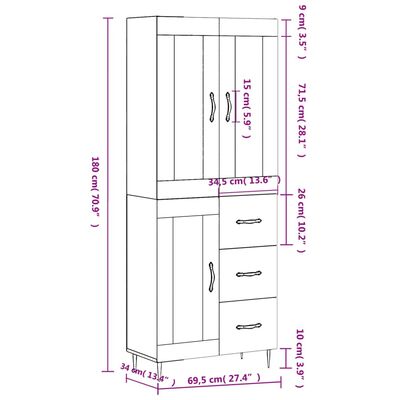 vidaXL Hoge kast 69,5x34x180 cm bewerkt hout wit