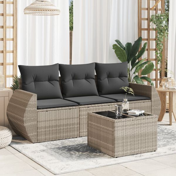 vidaXL 4-delige Loungeset met kussens poly rattan lichtgrijs