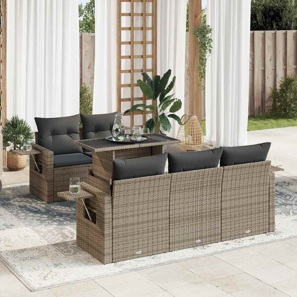 vidaXL 6-delige Loungeset met kussens poly rattan grijs