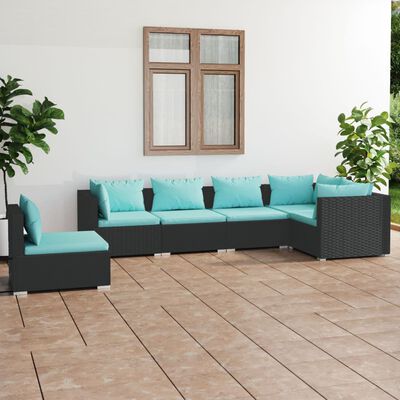 vidaXL 6-delige Loungeset met kussens poly rattan zwart