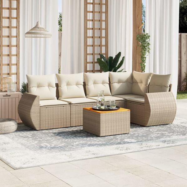 vidaXL 6-delige Loungeset met kussens poly rattan beige