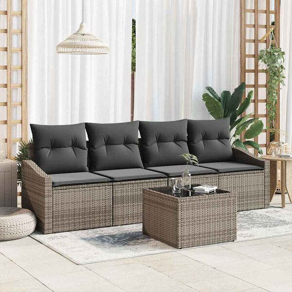 vidaXL Bankstel met kussen met opslag 5 pcs Grijs poly rattan