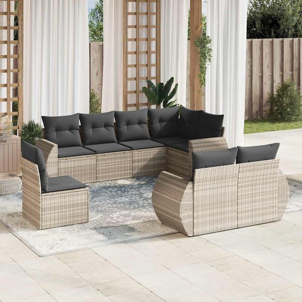 vidaXL 8-delige Loungeset met kussens poly rattan lichtgrijs