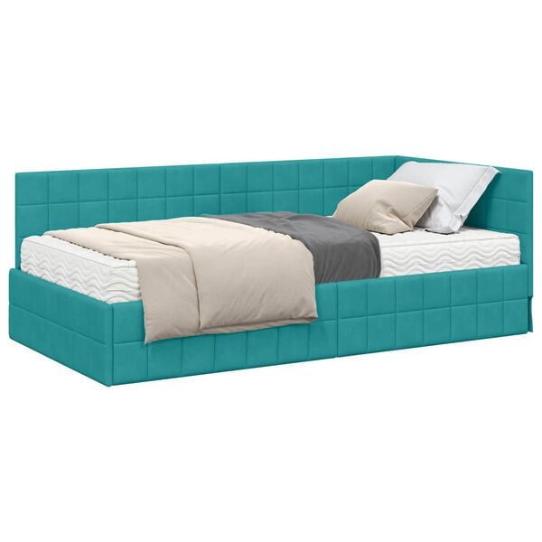 vidaXL Hoekbedframe met Matras met hoofdeinde 2 pcs Turquoise Fluweel