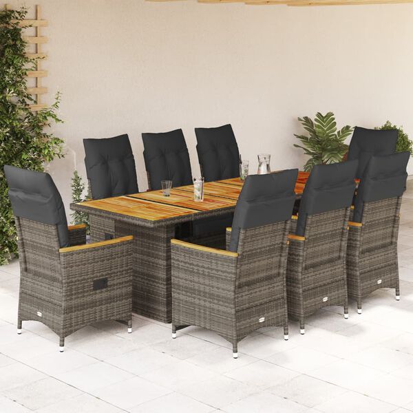vidaXL 9-delige Bistroset met kussens poly rattan grijs