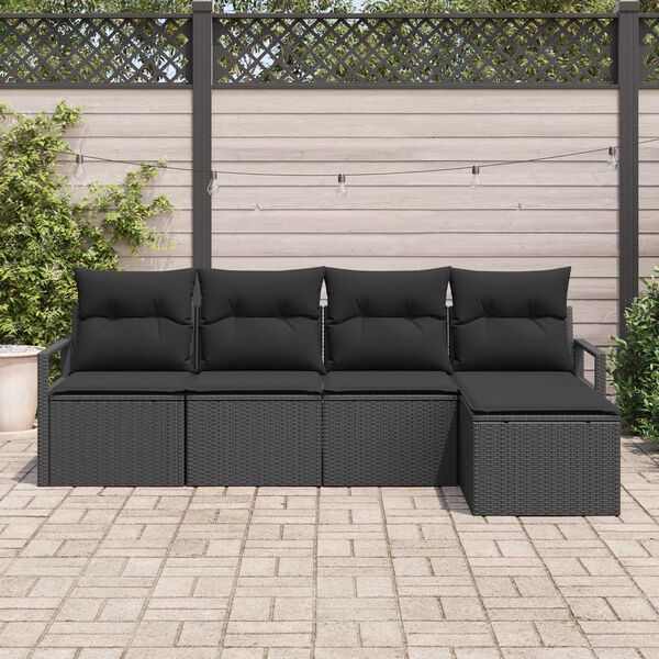 vidaXL Bankstel met kussen met opslag 5 pcs Zwart poly rattan