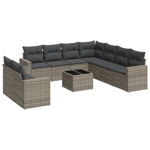 vidaXL 10-delige Loungeset met kussens poly rattan grijs