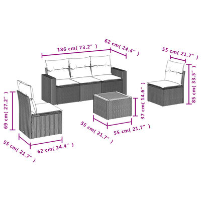 vidaXL 6-delige Loungeset met kussens poly rattan zwart