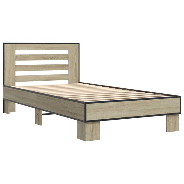 vidaXL Bedframe bewerkt hout en metaal sonoma eikenkleurig 90x200 cm