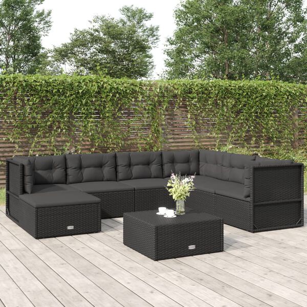 vidaXL 7-delige Loungeset met kussens poly rattan zwart
