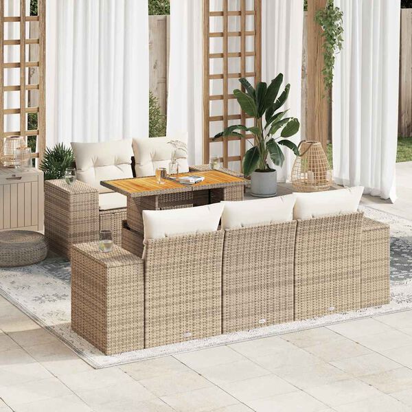 vidaXL 6-delige Loungeset met kussens poly rattan beige