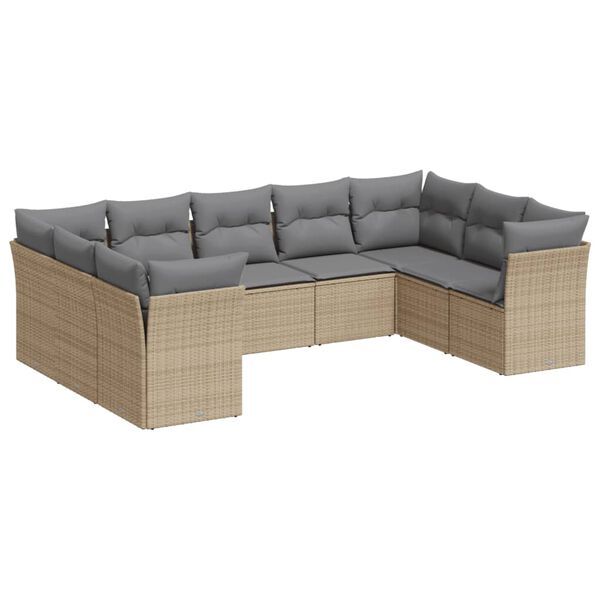 vidaXL 9-delige Loungeset met kussens poly rattan beige