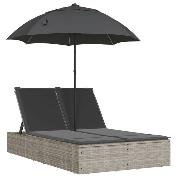 vidaXL Ligbed 2-persoons met kussens en parasol poly rattan lichtgrijs