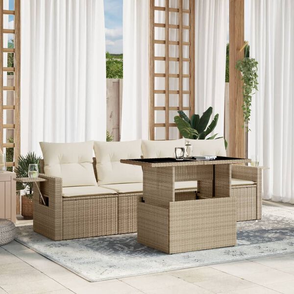 vidaXL 5-delige Loungeset met kussens poly rattan beige