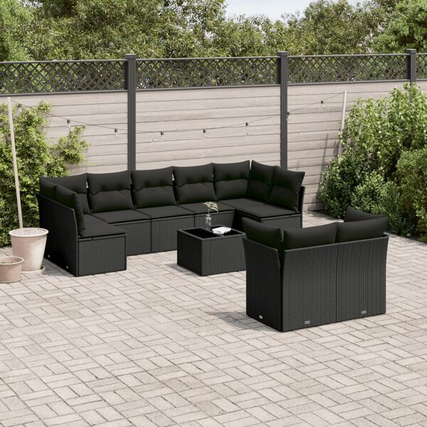 vidaXL 10-delige Loungeset met kussens poly rattan zwart