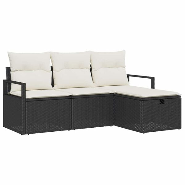 vidaXL Bankstel met kussen met opslag 4 pcs Zwart en Cr&egrave;me poly rattan