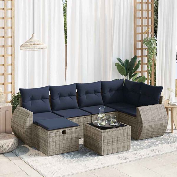 vidaXL 7-delige Loungeset met kussens poly rattan grijs