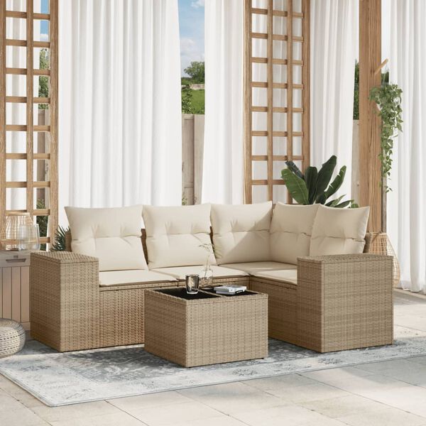 vidaXL 5-delige Loungeset met kussens poly rattan beige