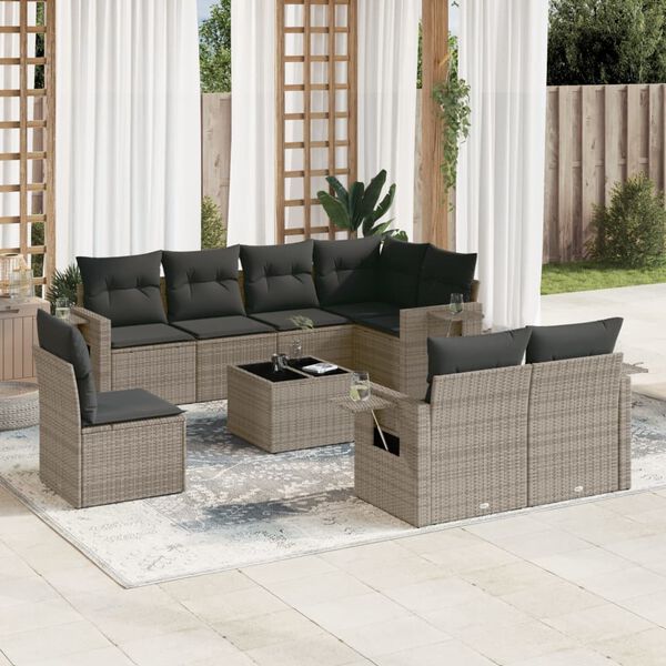 vidaXL 9-delige Loungeset met kussens poly rattan grijs