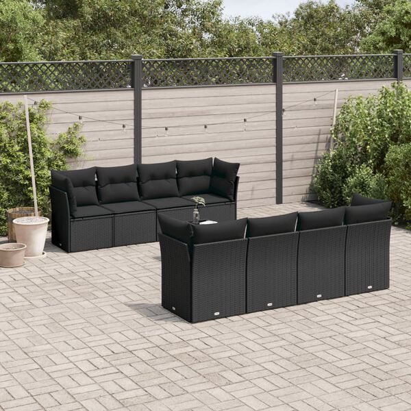 vidaXL 9-delige Loungeset met kussens poly rattan zwart