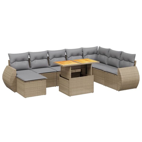 vidaXL 9-delige Loungeset met kussens poly rattan beige