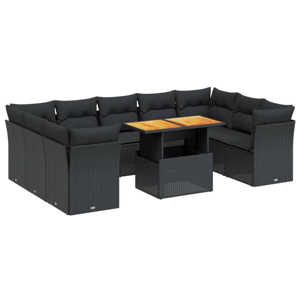 vidaXL 10-delige Loungeset met kussens poly rattan zwart