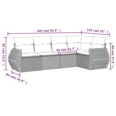 vidaXL 5-delige Loungeset met kussens poly rattan zwart