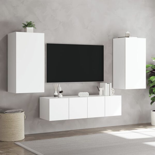 vidaXL 4-delige Tv-wandmeubelset met LED-verlichting bewerkt hout wit
