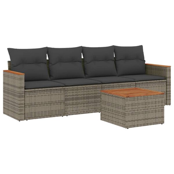 vidaXL 5-delige Loungeset met kussens poly rattan grijs