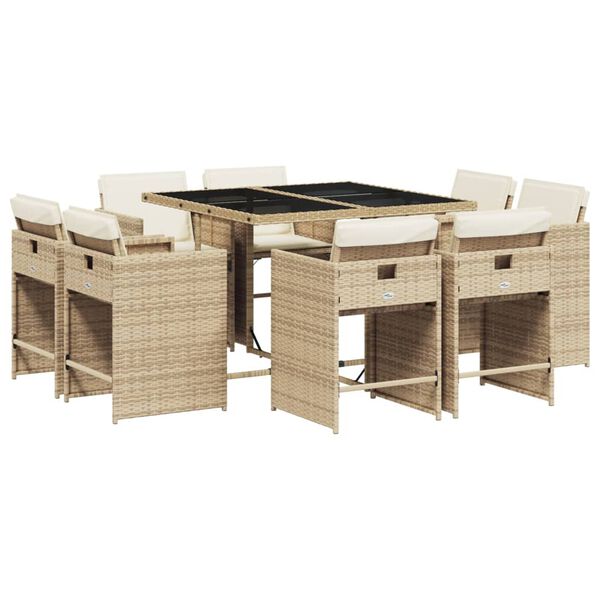 vidaXL 9-delige Tuinset met kussens poly rattan beige