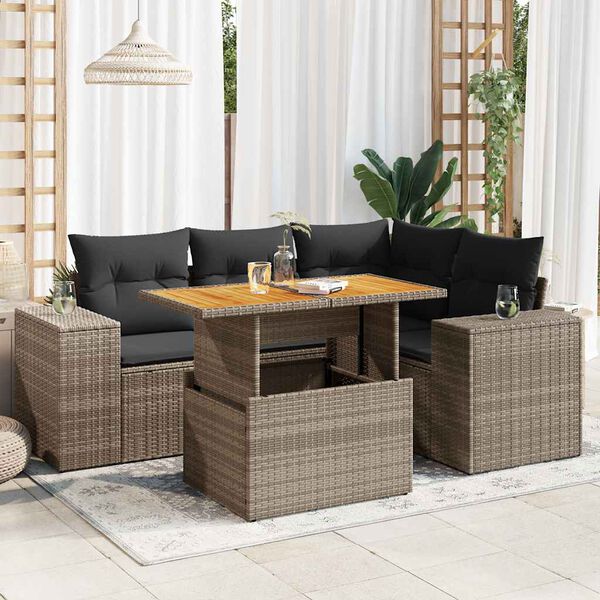 vidaXL 5-delige Loungeset met kussens poly rattan grijs