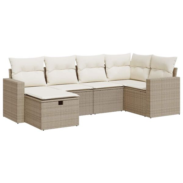 vidaXL 6-delige Loungeset met kussens poly rattan beige