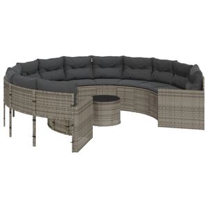 vidaXL Tuinbank met tafel en kussens rond poly rattan grijs