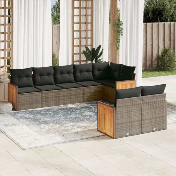 vidaXL 8-delige Loungeset met kussens poly rattan grijs