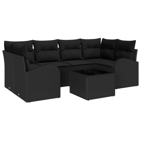 vidaXL Tuin Sofa Set met kussen 7 pcs Zwart Poly rattan, staal en glas