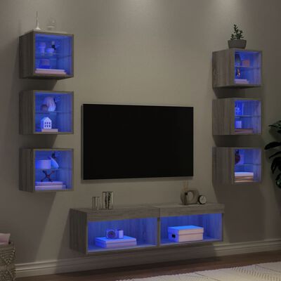 vidaXL 8-delige Tv-wandmeubelset met LED bewerkt hout grijs sonoma