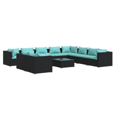 vidaXL 11-delige Loungeset met kussens poly rattan zwart