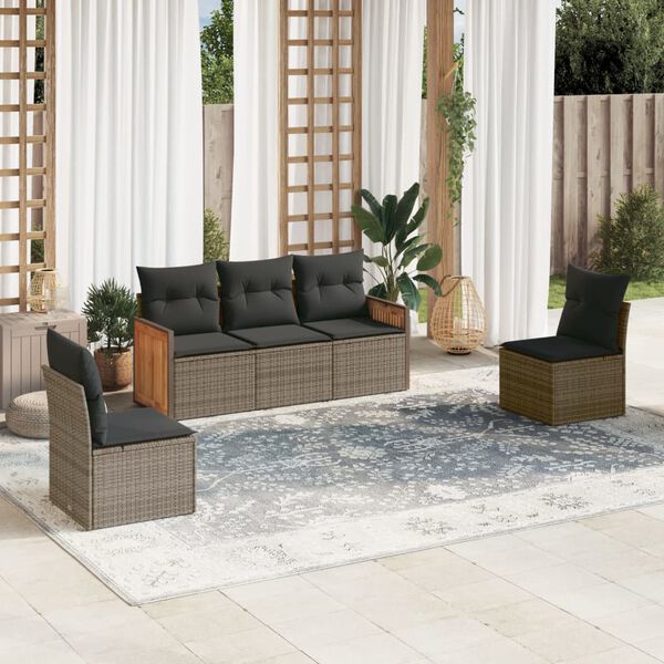 vidaXL 5-delige Loungeset met kussens poly rattan grijs
