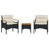 vidaXL 3-delige Loungeset met kussens poly rattan zwart