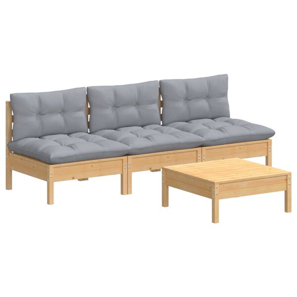 vidaXL 4-delige Loungeset met grijze kussens grenenhout